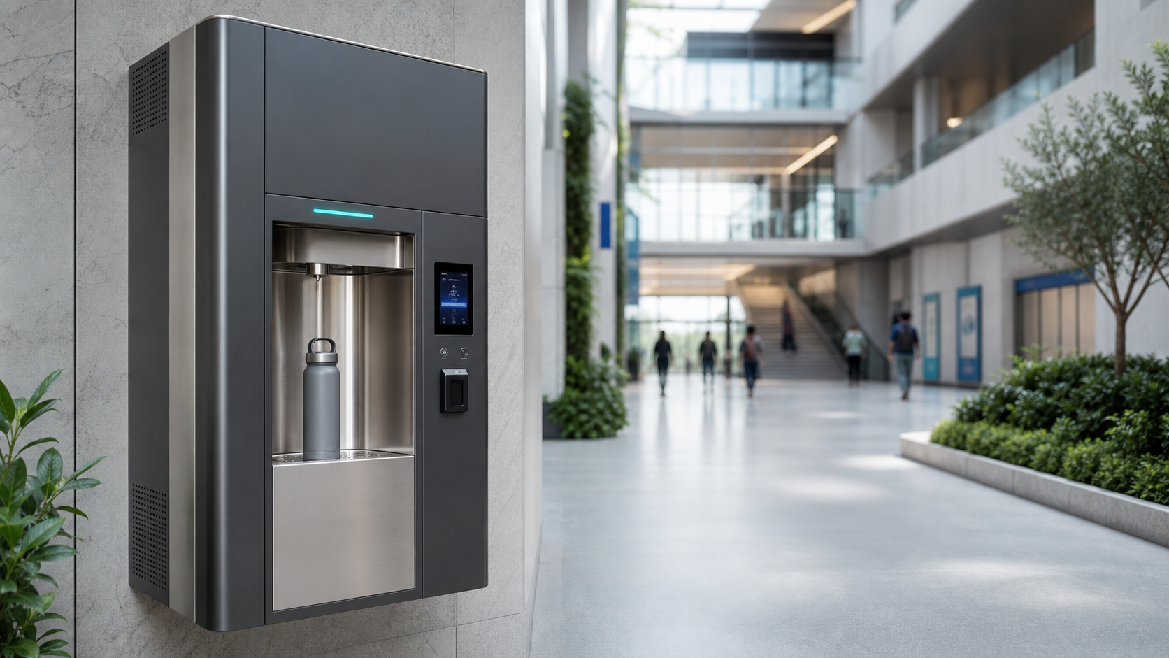 AqSuv smart water kiosk in an institutional atrium